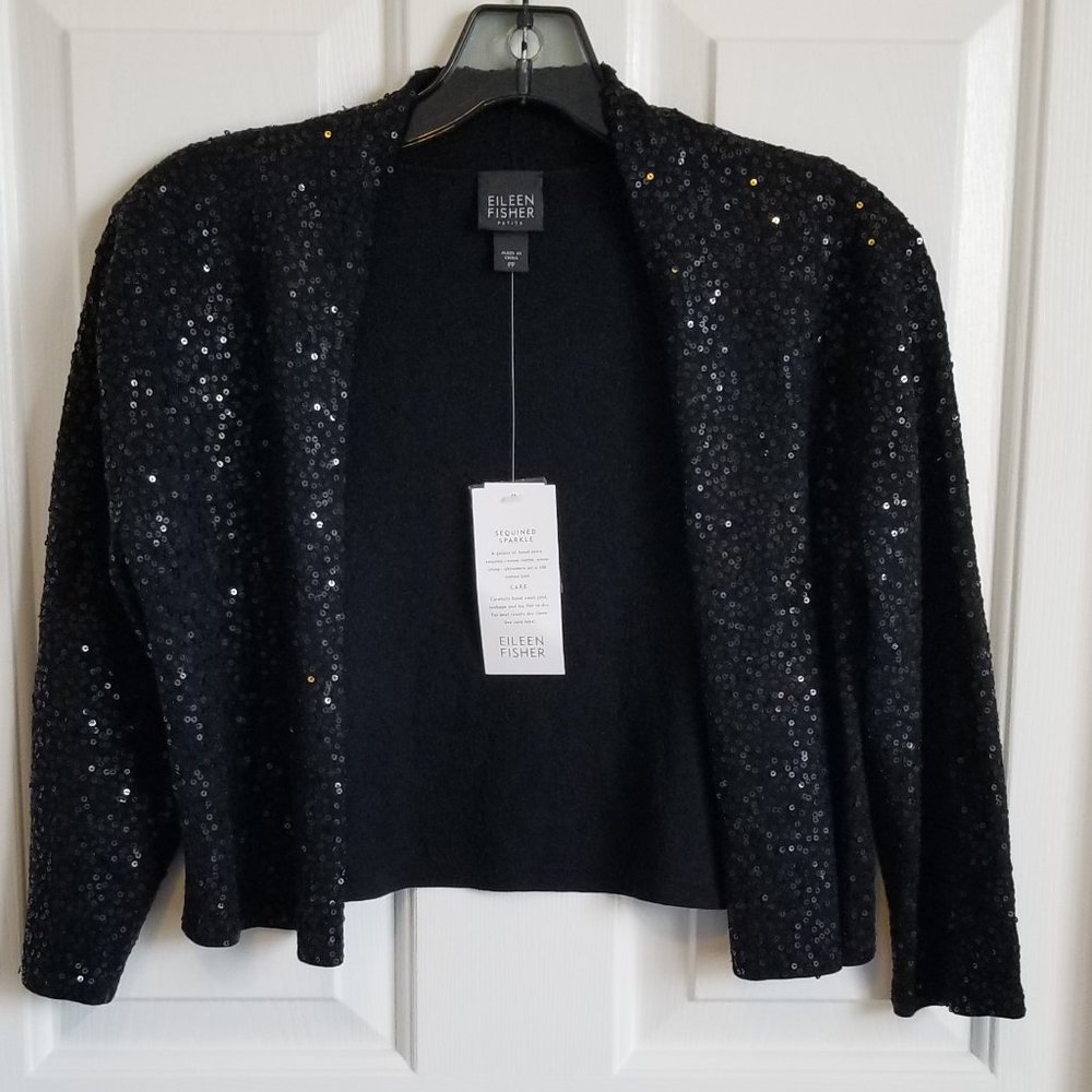 Eileen Fisher Sequined Sparkle Black Cardigan Sweater Top
